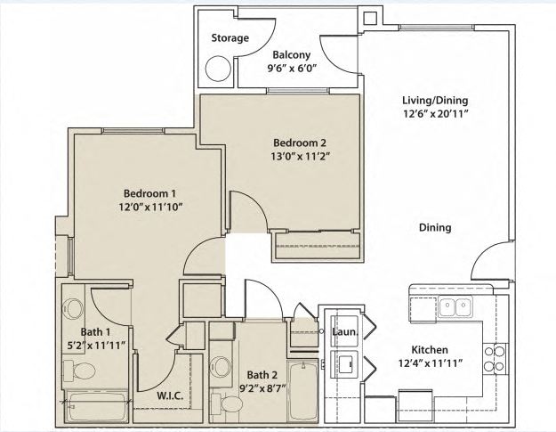 Floor plan for 2 beds, 2 baths, 1515 sqft